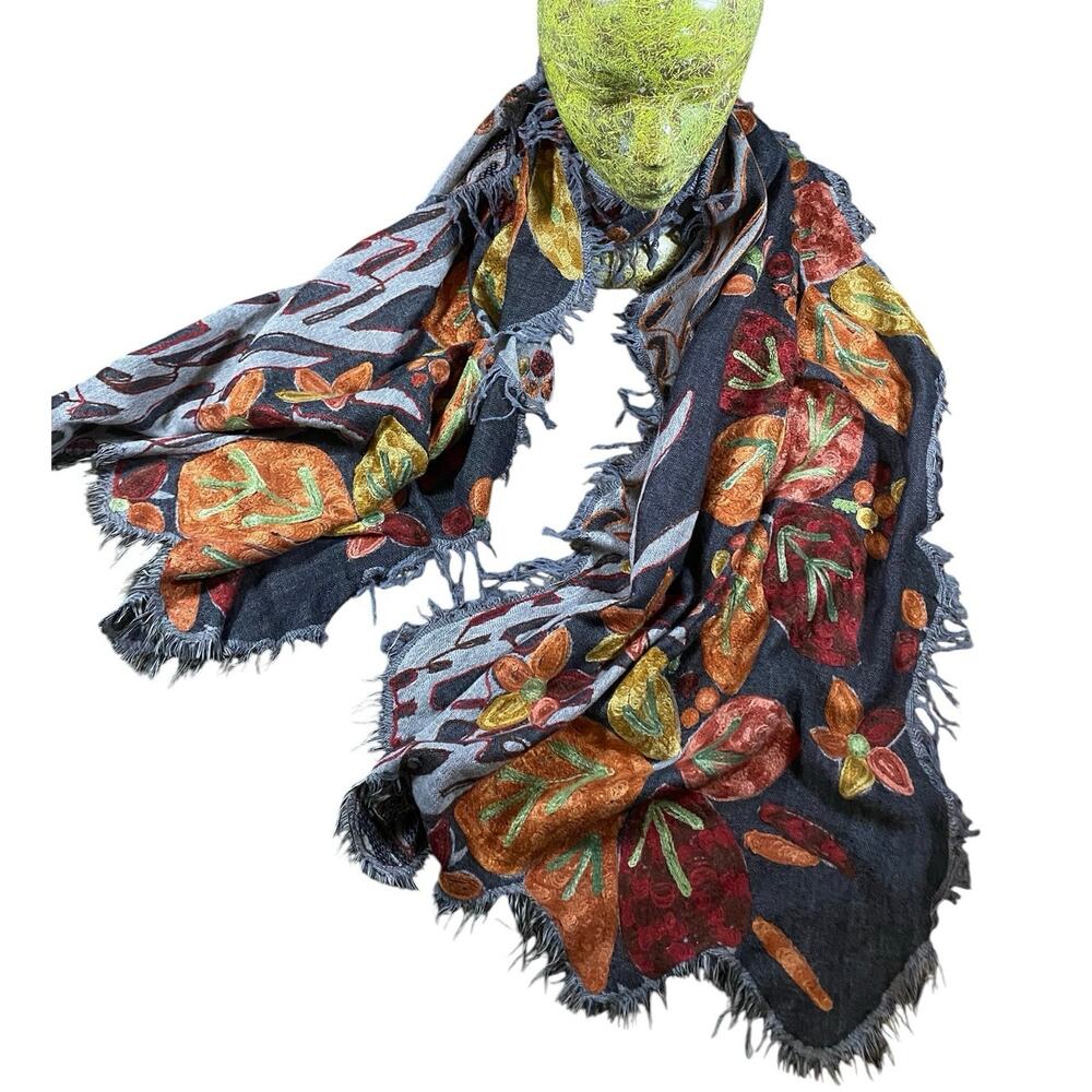 ANU Wearable Art Embroidered Floral Foliage Wool Scarf - 23”x82”